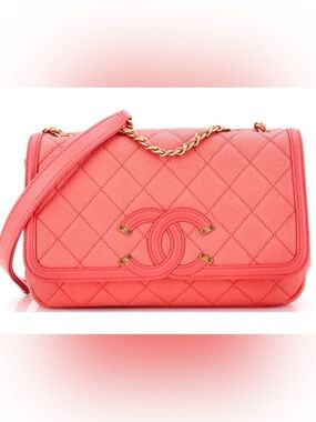 Authentic CHANEL Coral Quilted Caviar Leather Filigree Flap Bag